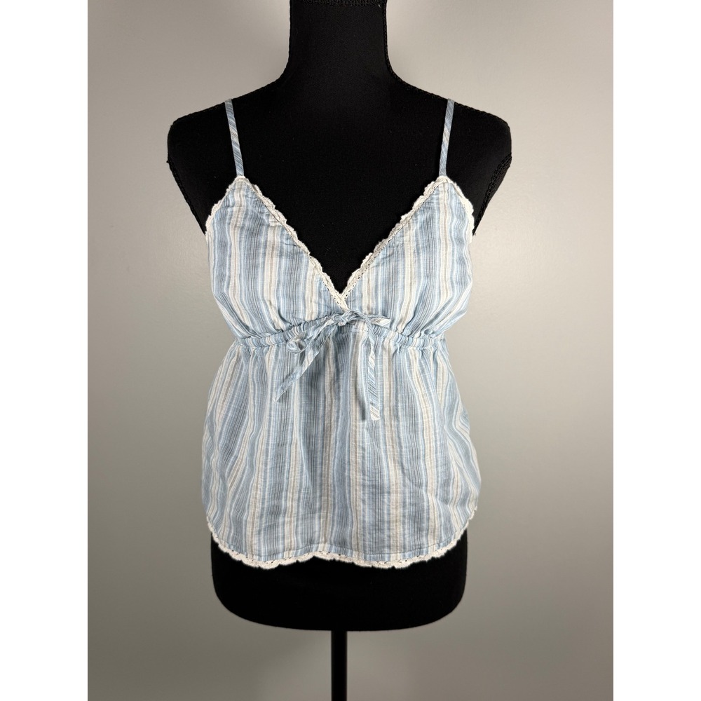 Coquette Summer Striped Babydoll Cami Tank Top Tie Front Lace Trim Blue White 6